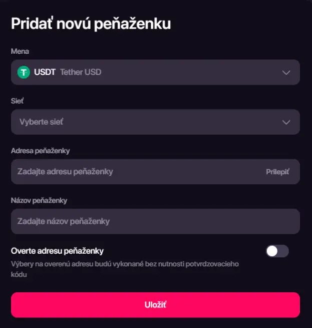 Platobná obrazovka CHEXX s výberom kryptomeny a siete