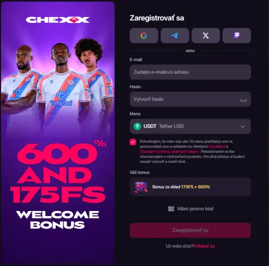 Registračná obrazovka CHEXX