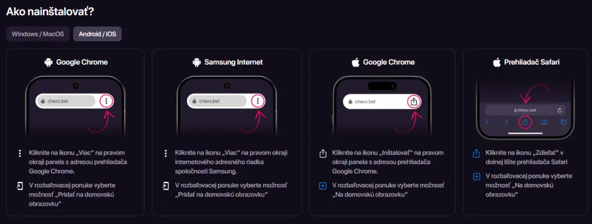 Inštalačná obrazovka CHEXX PWA