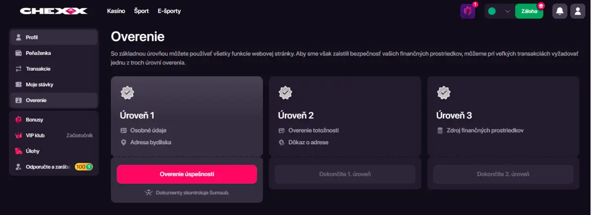 Overenie účtu a KYC v CHEXX